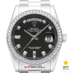 Rolex Day-Date Black Dial Diamond Markers Diamond Bezel 18k white Gold