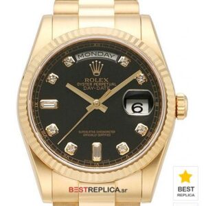 Rolex Day-Date Black Dial Diamond Markers Fluted Bezel 18k Gold
