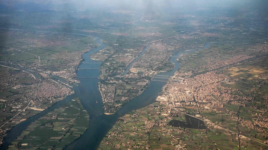 This picture shows an aerial view of the southernmost tip of the Nile Delta region, including the Qanater al-Khayreya Nile River barrages, north of Cairo, Egypt, Oct. 15, 2021.