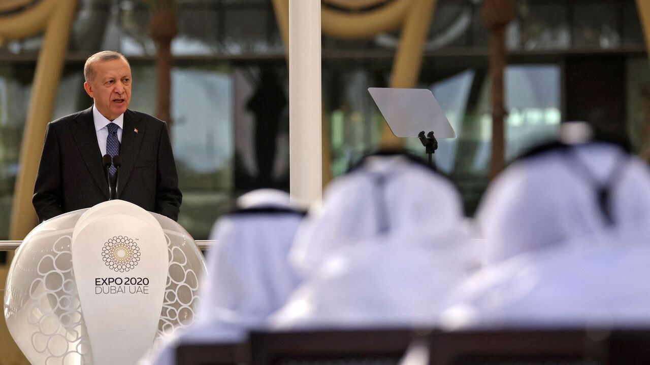 Turkish President Recep Tayyip Erdogan delivers a speech during a national event at the Turkish Pavilion of Expo 2020, in the Gulf emirate of Dubai on February 15, 2022. (Photo by Karim SAHIB / AFP) (Photo by KARIM SAHIB/AFP via Getty Images)