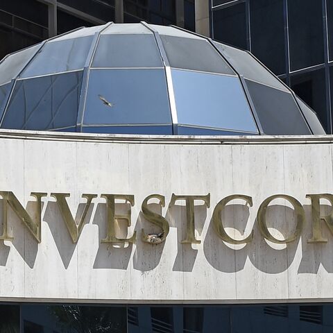 A partial view shows the logo of Bahrain-domiciled asset manager Investcorp in the capital, Manama, on April 18, 2022. 