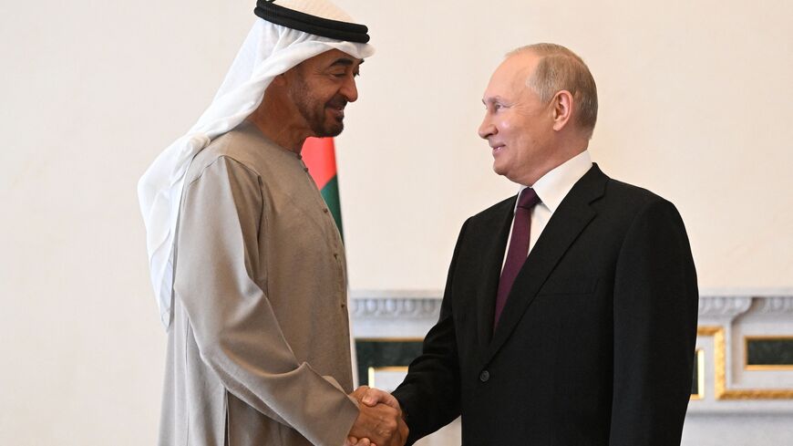 Russian President Vladimir Putin meets with United Arab Emirates President Sheikh Mohamed bin Zayed Al-Nahyan in Saint Petersburg on October 11, 2022. (Photo by Pavel Bednyakov / SPUTNIK / AFP) (Photo by PAVEL BEDNYAKOV/SPUTNIK/AFP via Getty Images)