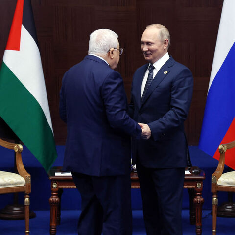 Russian President Vladimir Putin meets with Palestinian President Mahmoud Abbas on the sidelines of the Sixth Summit of the Conference on Interaction and Confidence Building Measures in Asia, Astana, Kazakhstan, Oct. 13, 2022.