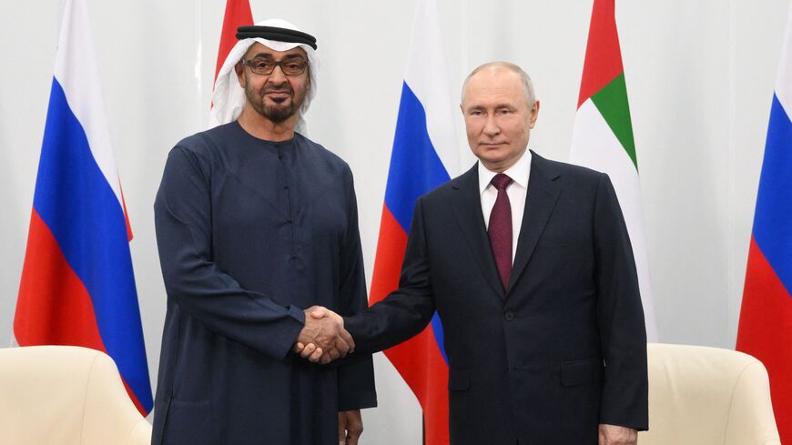 Russian President Vladimir Putin meets with UAE President Sheikh Mohamed bin Zayed al-Nahyan on the sidelines of the Saint Petersburg International Economic Forum (SPIEF) in Saint Petersburg on June 16, 2023. (Photo by Ilya PITALEV / SPUTNIK / AFP) (Photo by ILYA PITALEV/SPUTNIK/AFP via Getty Images)