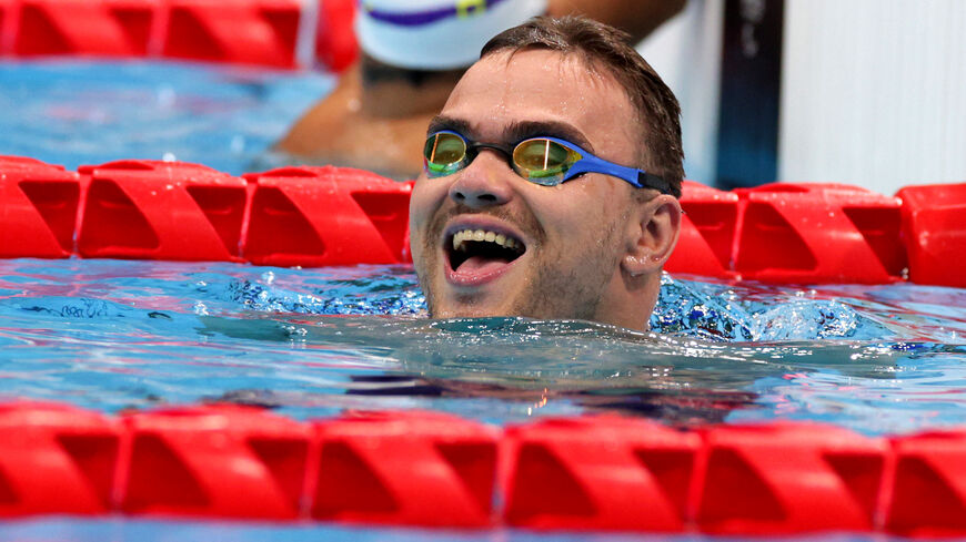 Iyad Shalabi of Team Israel celebrates winning the Men's 100m Backstroke - S1 final on day 1 of the Tokyo 2020 Paralympic Games at Tokyo Aquatics Center, Japan, Aug. 25, 2021.