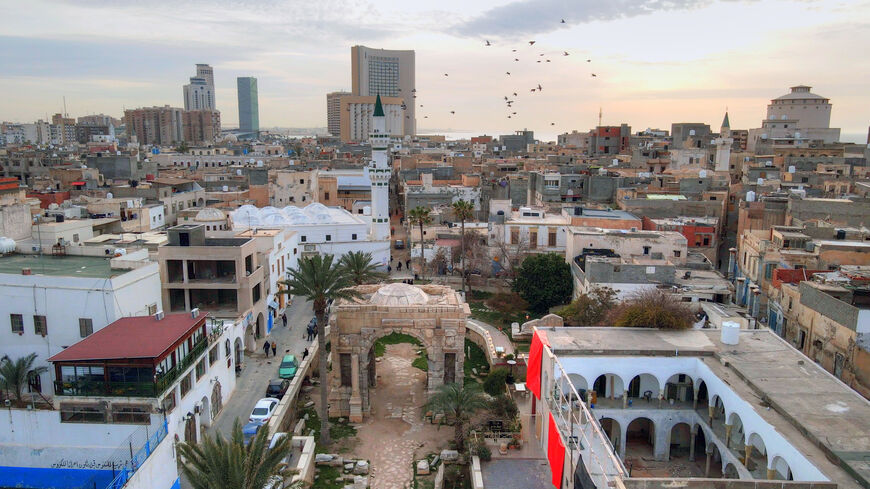 An Aerial view Taken by drone of Tripoli, Libya old City . You can see marcus aurelius arch, Cornthia Hotel, Dat Al-Emad, Burj Al-Fatah, Burj Abu-laila & JW Marriot Hotel 