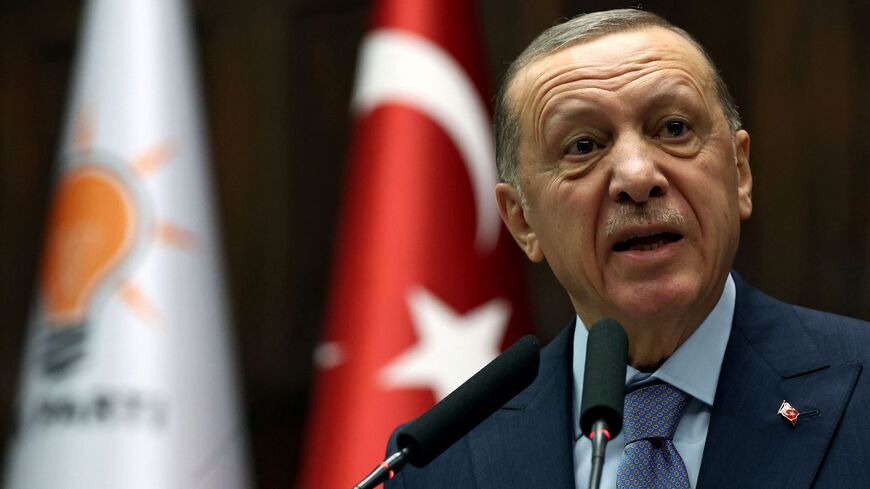 Turkey's President and leader of the Justice and Development (AK) Party Recep Tayyip Erdogan delivers a speech during his party's group meeting at the Turkish Grand National Assembly in Ankara, on October 25, 2023. (Photo by Adem ALTAN / AFP) (Photo by ADEM ALTAN/AFP via Getty Images)