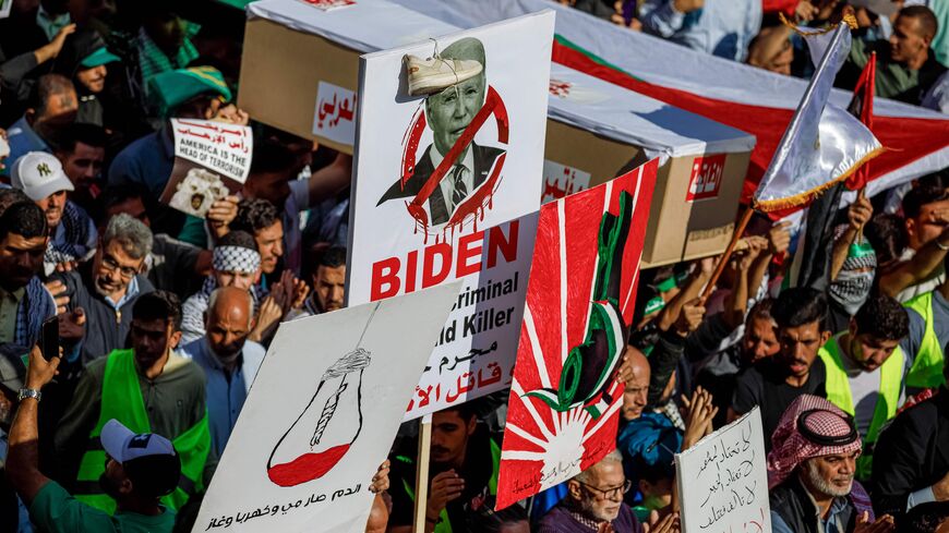 11/17/2023 Amman, Jordan. Hundreds of demonstrators carry placards and Palestinian flags during a solidarity protest in support of Palestinians in Gaza, in downtown Amman, Jordan, on Friday, Nov. 17, 2023. Jordanians called for an immediate withdrawal of American military bases from Jordan as Israel raids Al-Shifa hospital in Gaza. (Photo by Annie Sakkab / Middle East Images / Middle East Images via AFP) (Photo by ANNIE SAKKAB/Middle East Images/AFP via Getty Images)