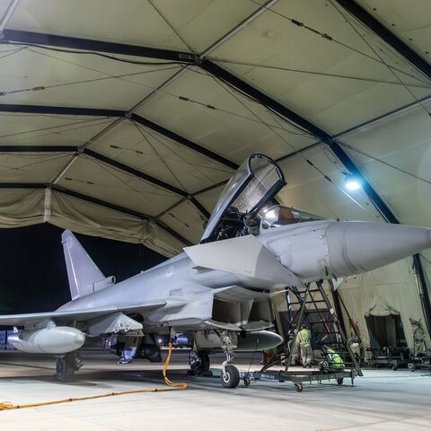 In this handout image provided by the UK Ministry of Defense, an RAF Typhoon aircraft returns to berth following a strike mission on Yemen's Houthi rebels at RAF Akrotiri on Jan. 12, 2024.