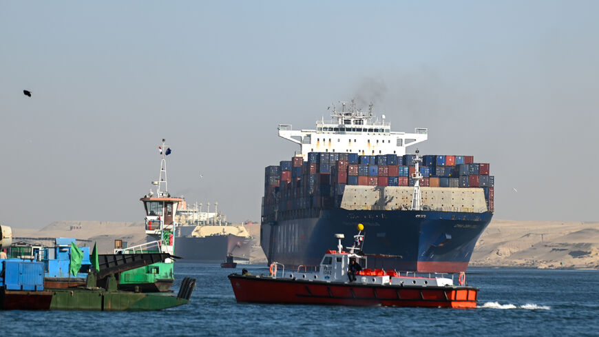 ISMAILIA, EGYPT - JANUARY 10: A ship transits the Suez Canal towards the Red Sea on January 10, 2024 in Ismailia, Egypt. In the wake of Israel's war on Gaza after the October 7 Hamas attack on Israel, Houthi rebels in Yemen pledged disruption on all ships destined for Israel through the Red Sea's Suez Canal. The disruption on world trade is evident in the number of companies using this container ship route - a 90 per cent decline compared to figures one year ago. (Photo by Sayed Hassan/Getty Images)