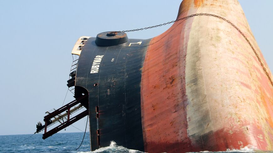 This picture taken on March 7, 2024, shows the Rubymar cargo ship partly submerged off the coast of Yemen.