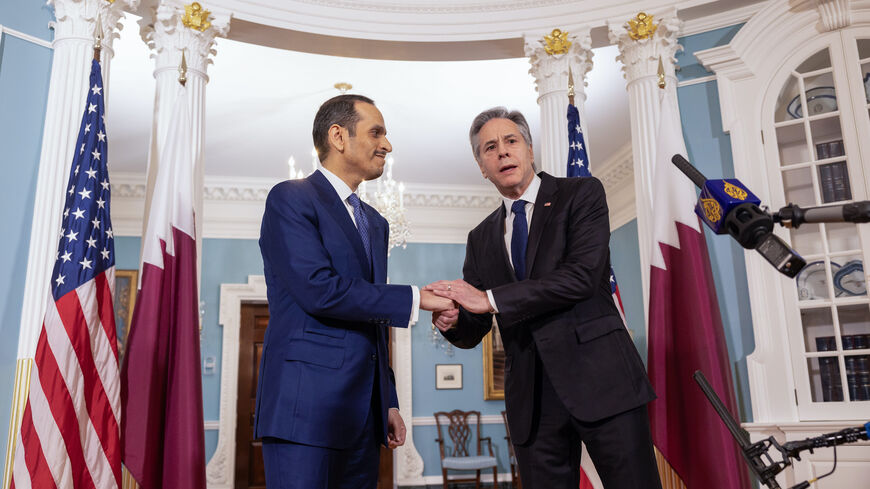 Qatari Prime Minister and Foreign Minister Mohammed Bin Abdulrahman Al Thani greets Secretary of State Antony Blinken (R) in the Treaty Room of the State Department on March 5, 2024 in Washington, DC. 