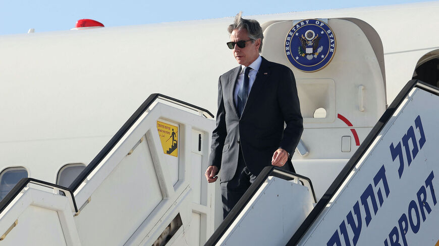 The aircraft of US Secretary of State Antony Blinken disembarks his aircraft as he arrives at Ben Gurion airport near Tel Aviv, on June 10, 2024. 