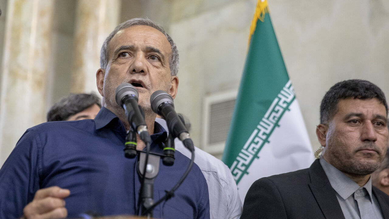 TEHRAN, IRAN - JULY 6: Newly-elected Iranian President Masoud Pezeshkian speaks during a visit to the shrine of the Islamic Republic's founder Ayatollah Ruhollah Khomeini on July 6, 2024 in Tehran, Iran. Masoud Pezeshkian, considered the reformist candidate among the six approved contenders for the country's presidency, won office on Friday after a runoff election. (Photo by Majid Saeedi/Getty Images)