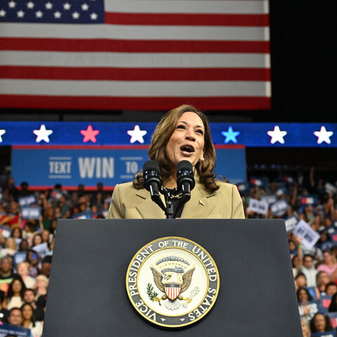 US Vice President and Democratic presidential candidate Kamala Harris speaks during a campaign event at Desert Diamond Arena in Glendale, Arizona, on Aug. 9, 2024. 