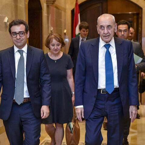 Lebanese Parliament Speaker Nabih Berri (R) walks with France's Minister for Foreign and European Affairs Stephane Sejourne ahead of their meeting in Beirut on August 15, 2024, amid regional tensions during the ongoing war between Israel and the Palestinian Hamas movement in the Gaza Strip. (Photo by AFP) (Photo by -/AFP via Getty Images)