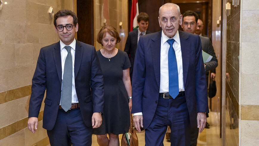 Lebanese Parliament Speaker Nabih Berri (R) walks with France's Minister for Foreign and European Affairs Stephane Sejourne ahead of their meeting in Beirut on August 15, 2024, amid regional tensions during the ongoing war between Israel and the Palestinian Hamas movement in the Gaza Strip. (Photo by AFP) (Photo by -/AFP via Getty Images)