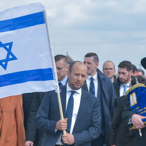 (Left to Right) Israeli minister of Education Naftali Bennett and Rabbi Yisrael Meir Lau, the Chief Rabbi of Tel Aviv and Chairman of Yad Vashem, participating in the March of the Living.  
On Monday, April 24, 2017, in Oswiecim, Poland. (Photo by Artur Widak/NurPhoto via Getty Images)