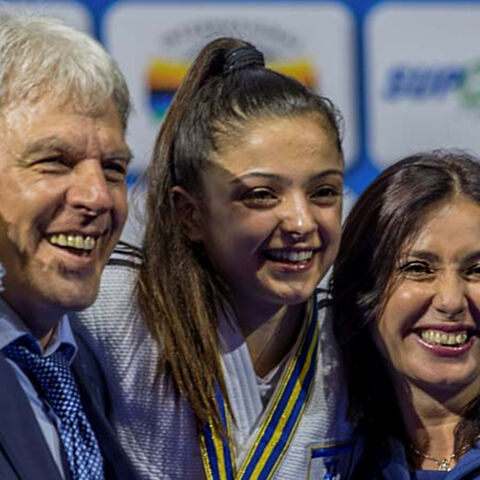 TEL AVIV, ISRAEL, APRIL 26: Under 52kg bronze medallist, Gefen Primo of Israel happily poses with Israel's Sports Minister, Mrs Miri Regev and the President of the Israel Judo Federation, Moshe Ponte during day one of the 2018 Tel Aviv European Judo Championships (26-28 April) at the Tel Aviv Convention Centre, Tel Aviv, Israel, on April 26, 2018.  (Photo by David Finch/Getty Images)