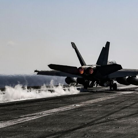 A F18 Hornet fighter jet pilot takes off from the deck of the US navy aircraft carrier USS Harry S. Truman in the eastern Mediterranean Sea on May 8, 2018. 