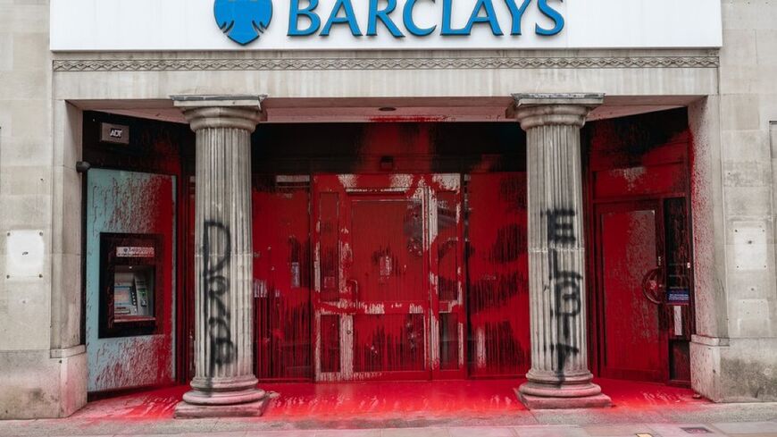 A branch of Barclays in the United Kingdom vandalized by protestors and circulated by Palestine Action on June 10, 2024