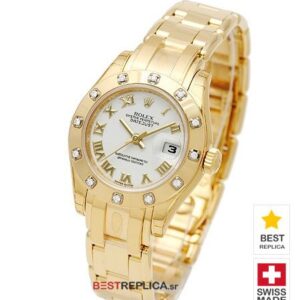 Rolex Datejust Pearlmaster 18k Gold White Dial Diamond Bezel