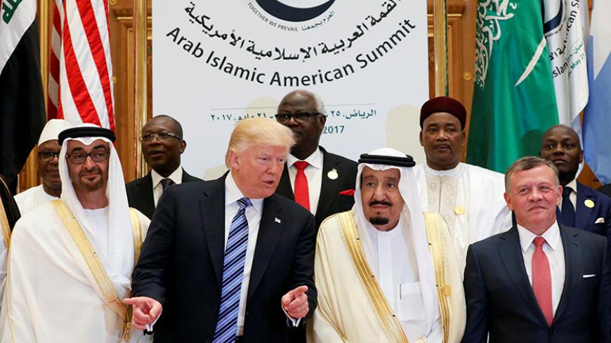 (Front R-L) Jordan's King Abdullah II, Saudi Arabia's King Salman bin Abdulaziz Al Saud, U.S. President Donald Trump, and Abu Dhabi Crown Prince Sheikh Mohammed bin Zayed al-Nahyan pose for a photo during Arab-Islamic-American Summit in Riyadh, Saudi Arabia May 21, 2017. REUTERS/Jonathan Ernst - RTX36UAJ