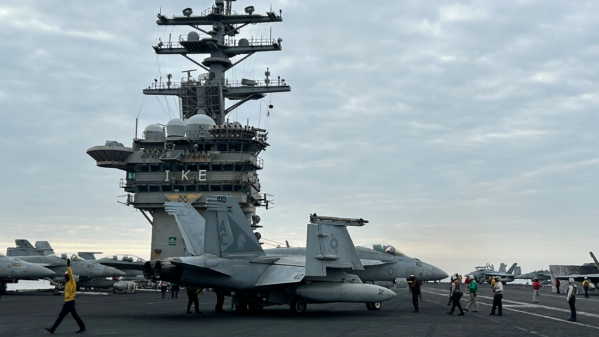 A US F/A-18 taxis to the runway of the USS Eisenhower in the southern Red Sea. Feb. 21, 2024